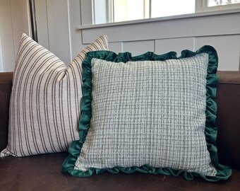 Turquoise Tweed-Velvet Ruffle Pillow