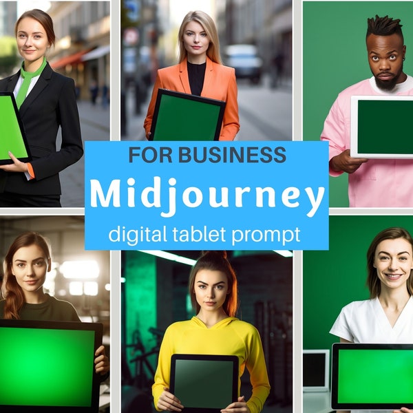 Midjourney Tablette numérique Chroma key Prompt | Personnes photoréalistes montrant une tablette pour les entreprises | IA réaliste générant une photo professionnelle