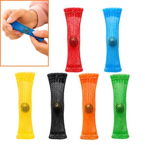 May include: A collection of six sensory fidget toys, each consisting of a flexible, tubular nylon mesh sleeve in red, blue, yellow, black, orange, or green, containing a single loose marble that can be pushed back and forth within the mesh.