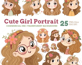 Chibi Girl with Floral Hair Clipart, Pastel Kawaii Portrait (PNG, Commercial Use)