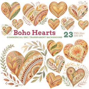 Puede incluir: Una colección de corazones Boho en acuarela, de varios tamaños y diseños. Los corazones presentan patrones intrincados, elementos florales y una cálida paleta de colores de marrones, naranjas y verdes. El texto en la imagen dice "Boho Hearts" y "23 archivos PNG 300 DPI".