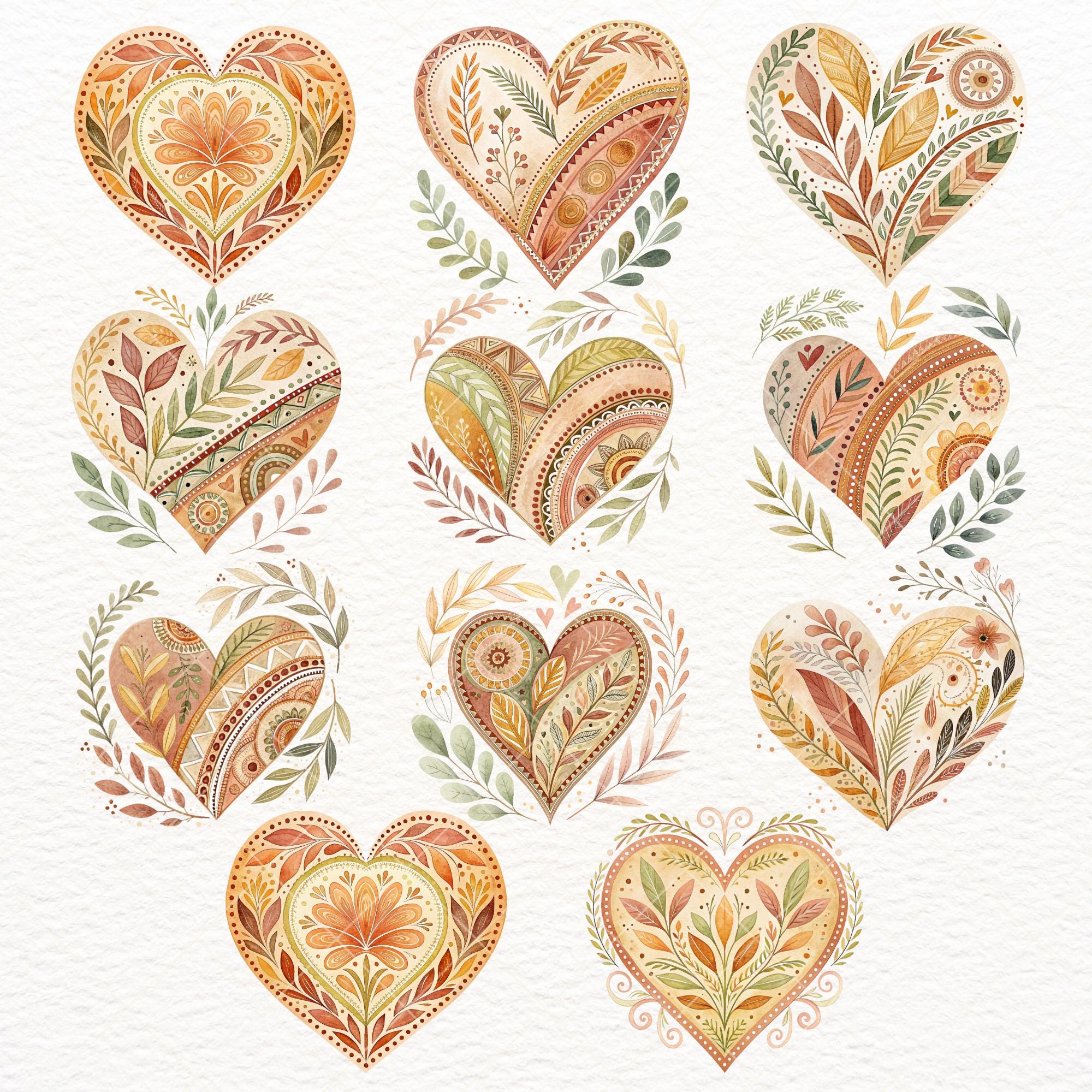 Boho Heart Clipart Bundle: Rustic Folk Art, Hippie Hearts for Stickers ...