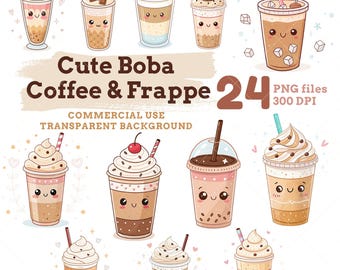 Kawaii Boba Coffee Frappe Clipart Bundle, Bubble Tea PNG, Milk Tea, Coffee Shop Art, Commercial Use, Instant Download