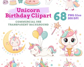 Eenhoorn verjaardag clipart bundel: Kawaii feest, pastelkleurige PNG-afbeeldingen (digitale download)