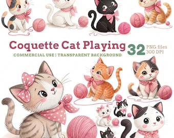 Kokette Katze Clipart: Aquarell Kätzchen mit rosa Schleifen (PNG Digital Download, Kommerzielle Nutzung