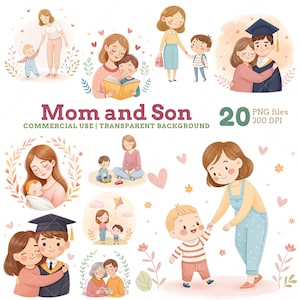 Mãe e filho clipart, ilustrações de família em aquarela, PNGs emocionantes para artesanato DIY, cartões, convites e projetos, clipart de dia das mães