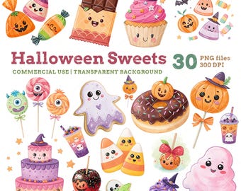Halloween Treats Clipart: Kawaii Candy, Ghost Cookies, Spooky Sweets, and Witchy Cupcakes, Digital Download