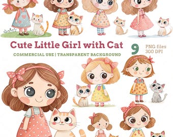 Whimsical Girl and Cat Clipart: Watercolor Illustration, Chibi Girl Doll (PNG Digital Download)