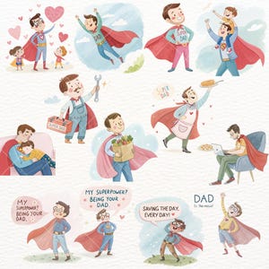 Super Dad Clipart, Cute Hero Dad and Kids Illustrations for Stickers, Cards, Crafts, Journaling, Birthday Gifts, Father's Day Clipart, Cute Dad PNG, super dad clipart, hero dad art, cute dad png, comic dad clipart, dad superhero png, dad hero clipart, dad cape png, father's day hero, dad sticker art, dad card design, dad and kids png, fun dad graphics, father's day craft, Transparent PNG Clipart, Commercial Use Clipart, Father's Day Graphics, Greeting Card Elements