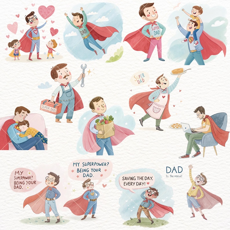 Super Dad Clipart, Cute Hero Dad and Kids Illustrations for Stickers, Cards, Crafts, Journaling, Birthday Gifts, Father's Day Clipart, Cute Dad PNG, super dad clipart, hero dad art, cute dad png, comic dad clipart, dad superhero png, dad hero clipart, dad cape png, father's day hero, dad sticker art, dad card design, dad and kids png, fun dad graphics, father's day craft, Transparent PNG Clipart, Commercial Use Clipart, Father's Day Graphics, Greeting Card Elements