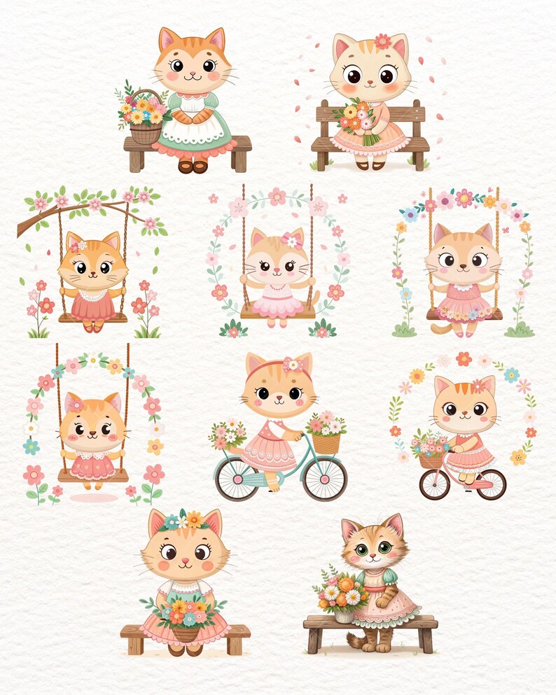Spring Cats Clipart, Kawaii Watercolor Kitten PNG, Easter Garden Art ...