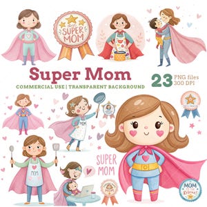 Conjunto de imágenes prediseñadas de Super Mamá, lindas ilustraciones de acuarela de una mamá superhéroe, Super Mamá PNG, imágenes prediseñadas del Día de la Madre, fondo transparente, uso comercial