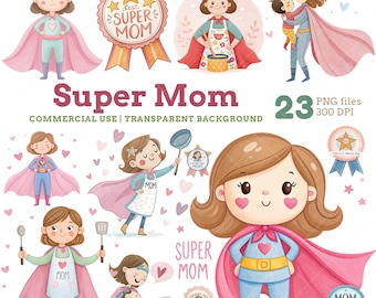 Conjunto de imagens em aquarela de super-heroínas para mães: Gráficos PNG para o Dia das Mães (Download digital, uso comercial)