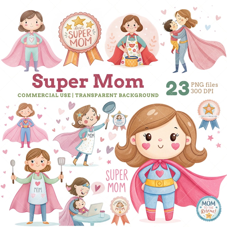 Super Mom Clipart Set, Cute Watercolor Superhero Mom Illustrations ...