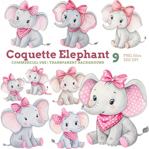 Coquette Elephant Clipart, Pink Baby Elephant Illustration, Cute Girl Nursery Art, Kawaii Animal for Stickers, Invitations, Party, Scrapbook