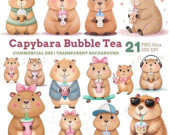 May include: A collection of watercolor illustrations featuring capybaras enjoying bubble tea. The capybaras are depicted with various accessories, including glasses, bows, and hats. The text "Capybara Bubble Tea" is displayed prominently.