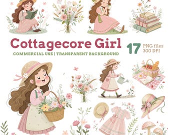 Cottagecore Girl Clipart, Spring Watercolor PNG, Transparent Background, Commercial Use, Instant Download