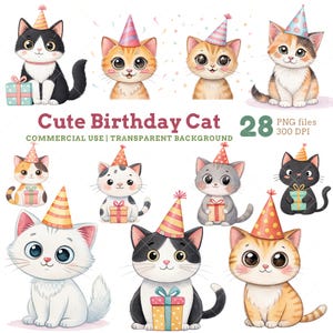 Birthday Cat Clipart Set, Cute Cats with Party Hats and Gifts for Kids' Invitations, Cards, Stickers, Crafts, Kawaii Cat-Themed Celebrations