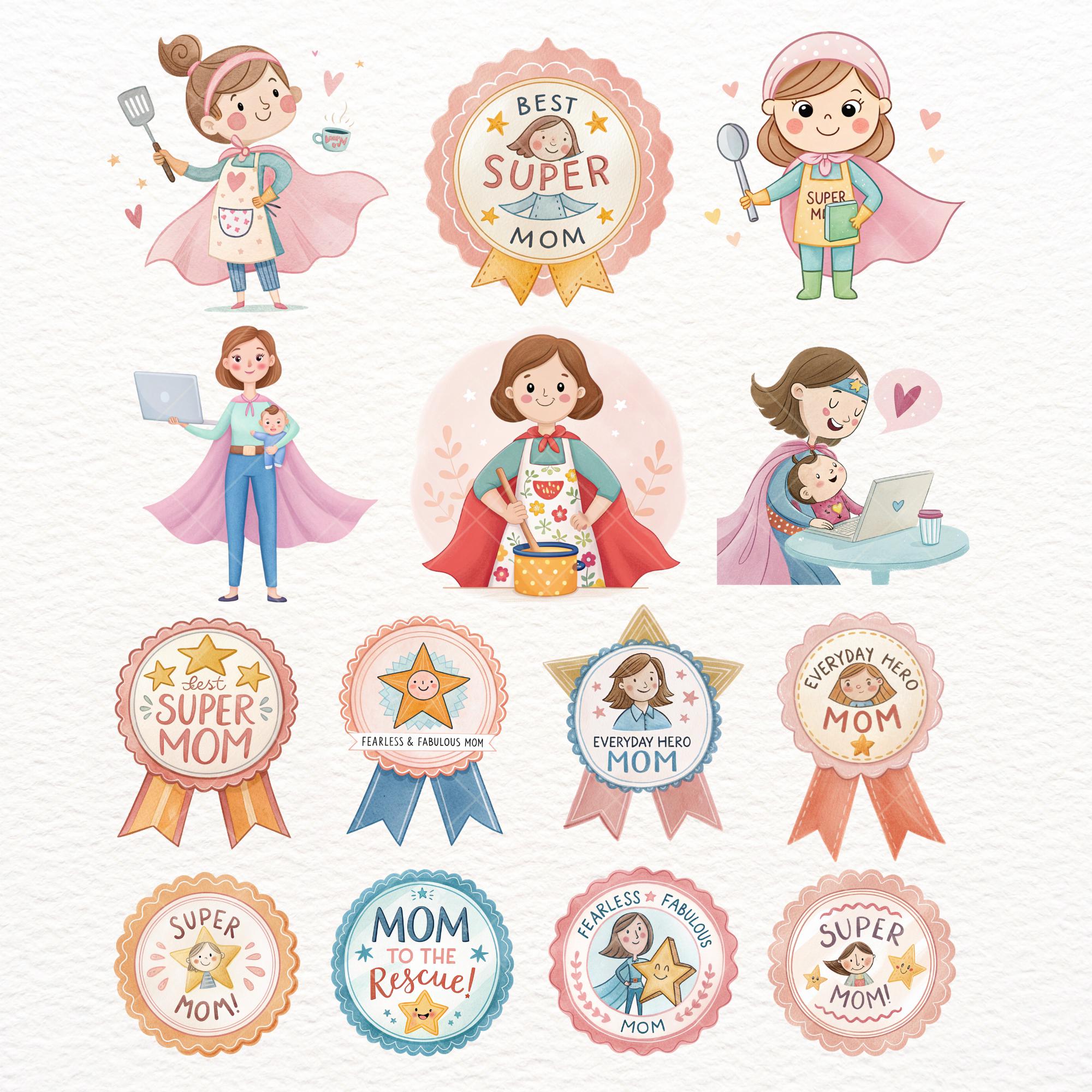 Super Mom Clipart Set, Cute Watercolor Superhero Mom Illustrations ...