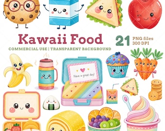 Kawaii Food Clipart: Watercolor Lunchbox Illustrations, Meal Elements, Back to School Lunch, Digital Download