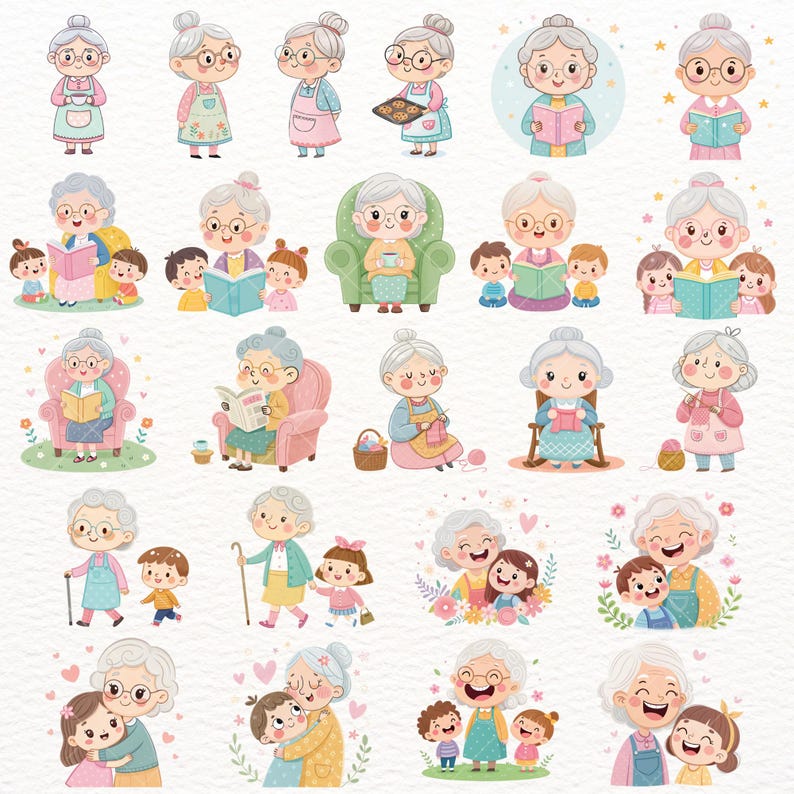 Cute Grandma Clipart PNG, Whimsical Grandmother & Kids, Family Moments, Cute Grandmother and Grandkids PNGs, Family Love, Commercial Use, cute grandma clipart, elderly woman png, grandma png, grandma clipart, senior lady art, watercolor granny, grandma stickers, old lady clipart, senior woman png, grandma sublimation, whimsical grandma, grandmother clipart, grandma art, Mother's Day, Grandparents' Day clipart
