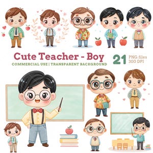 Süße Lehrer Jungen Clipart-Set, Aquarell Lehrer, Schulszenen, Kreidetafeln, Klassenzimmer PNG für Kunsthandwerk und Designs, süße Lehrer PNG