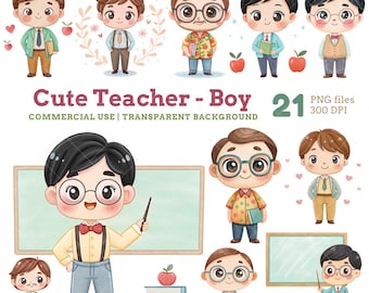 Watercolor Teacher Boy Clipart Set: School Classroom PNG (Commercial Use)