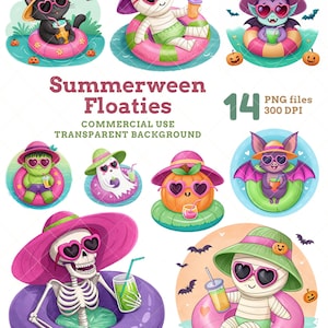 Puede incluir: Ilustraciones coloridas de Summerween Floaties. Las imágenes presentan personajes temáticos de Halloween, como un gato negro, una momia, un vampiro y un esqueleto, relajándose en flotadores inflables. Cada personaje lleva gafas de sol y un sombrero, sosteniendo una bebida.