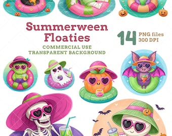 Summerween Floatie Clipart, Spooky Adorable Halloween PNG (Commercial Use)