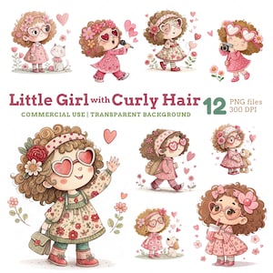 12 süßes kleines Mädchen mit Lockigem Haar Clipart, Mädchen PNG, Kleines Mädchen PNG, Aquarell Clipart, Kinder Clipart, Kleines Mädchen Clipart, Süßes Mädchen PNG