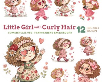 Curly Hair Girl Clipart: Watercolor PNG Images (Commercial Use, Digital Download)