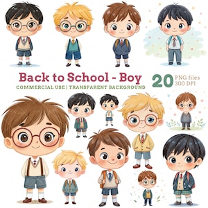 Watercolor School Boys Clipart: Back to School PNG, Classroom Decor, Stickers, DIY Crafts,Commercial Use