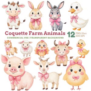 Puede incluir: Ilustraciones en acuarela de animales de granja, incluyendo una vaca, un conejo, un burro y un pato, cada uno adornado con un lazo rosa. La imagen también incluye un caballo, una oveja, una gallina, un toro, un cerdo, una cabra y un pollito. El texto dice "Coquette Farm Animals".