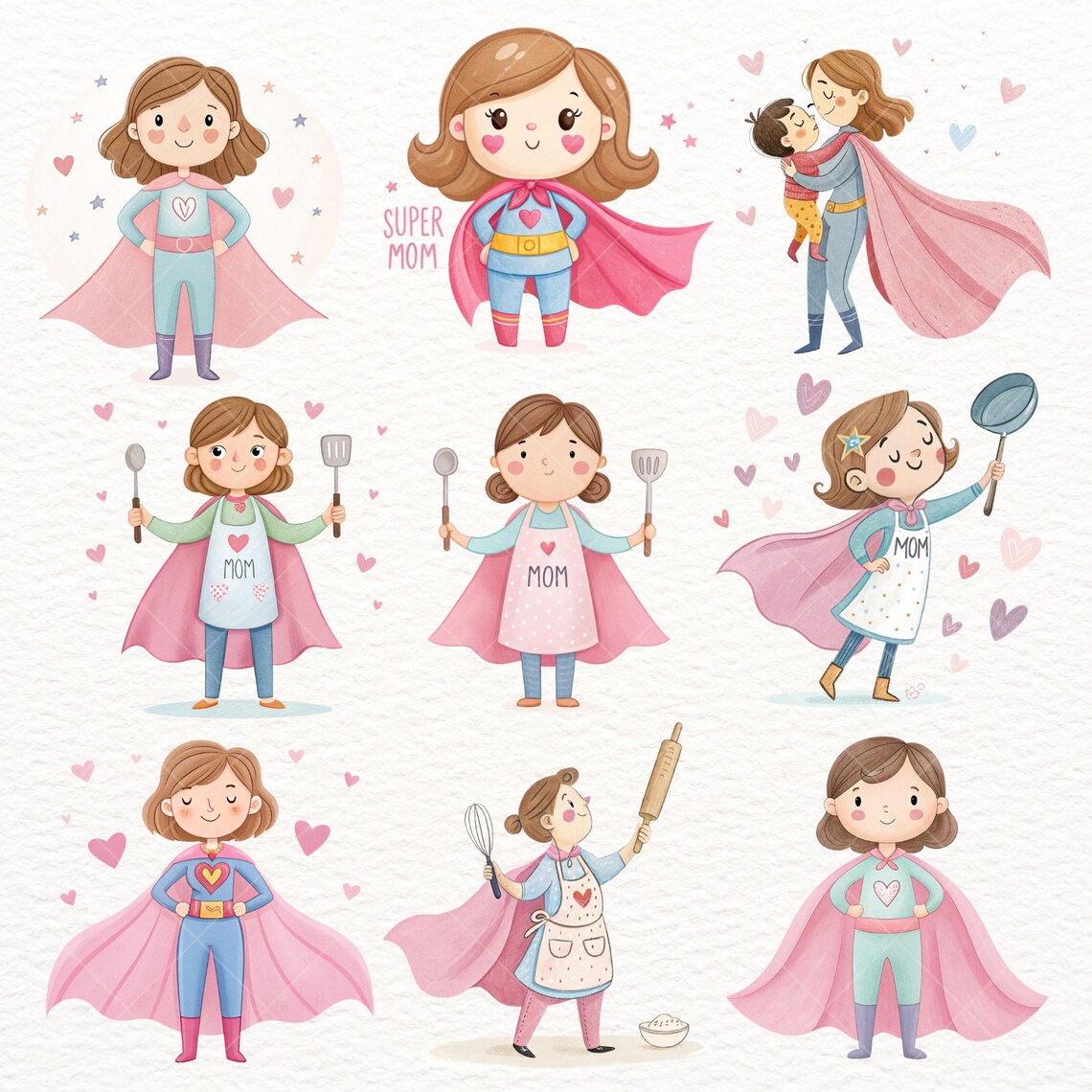 Super Mom Clipart Set, Cute Watercolor Superhero Mom Illustrations ...