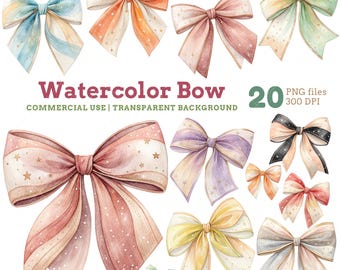 Watercolor Bow Clipart Set: Pastel Ribbons with Sparkles, Stars PNG Digital Download, Commercial Use