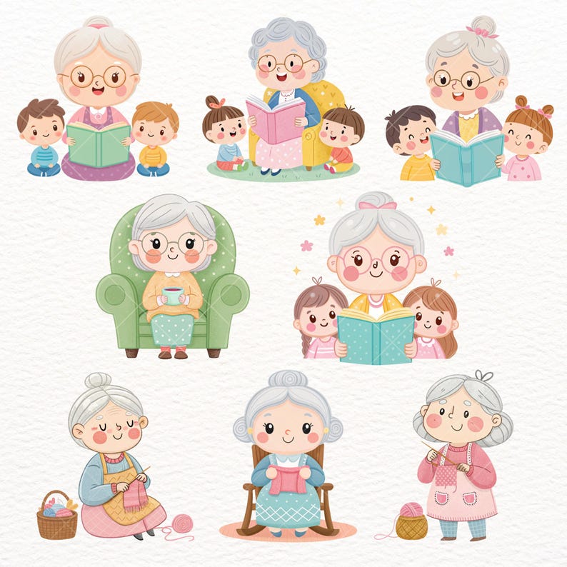 Cute Grandma Clipart PNG, Whimsical Grandmother & Kids, Family Moments, Cute Grandmother and Grandkids PNGs, Family Love, Commercial Use, cute grandma clipart, elderly woman png, grandma png, grandma clipart, senior lady art, watercolor granny, grandma stickers, old lady clipart, senior woman png, grandma sublimation, whimsical grandma, grandmother clipart, grandma art, Mother's Day, Grandparents' Day clipart