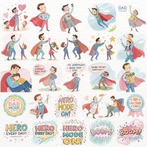 Super Dad Clipart, Cute Hero Dad and Kids Illustrations for Stickers, Cards, Crafts, Journaling, Birthday Gifts, Father's Day Clipart, Cute Dad PNG, super dad clipart, hero dad art, cute dad png, comic dad clipart, dad superhero png, dad hero clipart, dad cape png, father's day hero, dad sticker art, dad card design, dad and kids png, fun dad graphics, father's day craft, Transparent PNG Clipart, Commercial Use Clipart, Father's Day Graphics, Greeting Card Elements