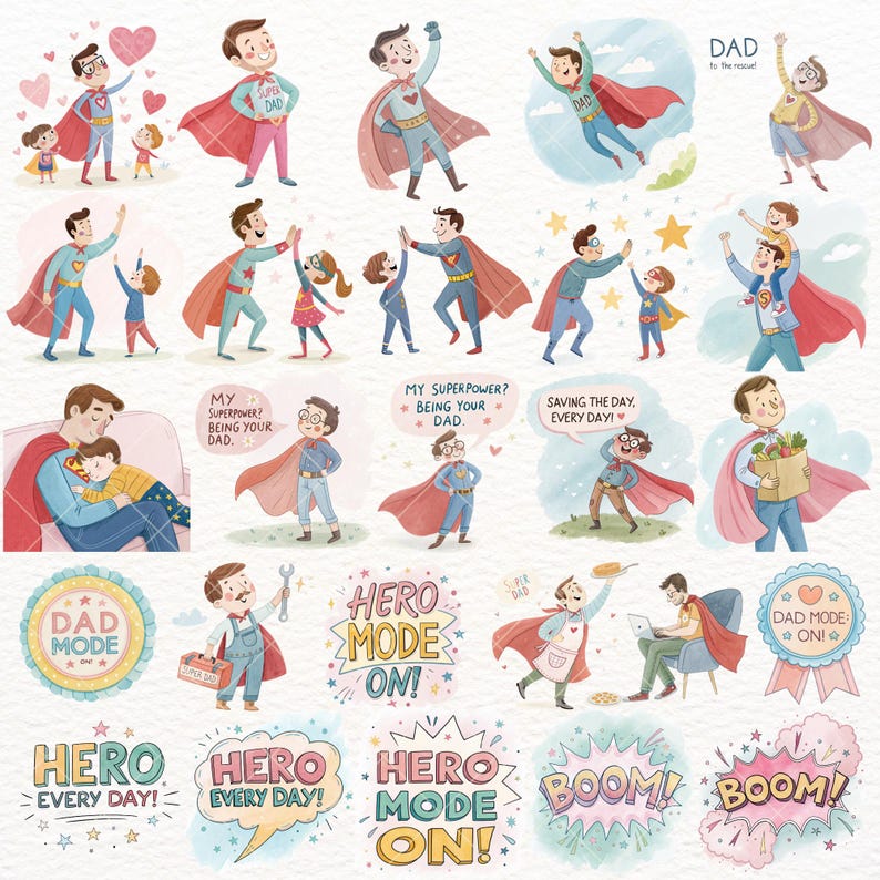 Super Dad Clipart, Cute Hero Dad and Kids Illustrations for Stickers, Cards, Crafts, Journaling, Birthday Gifts, Father's Day Clipart, Cute Dad PNG, super dad clipart, hero dad art, cute dad png, comic dad clipart, dad superhero png, dad hero clipart, dad cape png, father's day hero, dad sticker art, dad card design, dad and kids png, fun dad graphics, father's day craft, Transparent PNG Clipart, Commercial Use Clipart, Father's Day Graphics, Greeting Card Elements