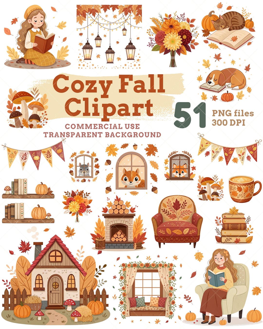 Cozy Fall Clipart Bundle, Autumn PNG Graphics, Hygge Autumn Decor ...