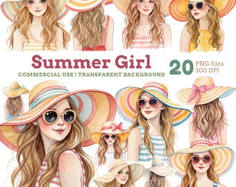 Paquete de imágenes prediseñadas de chicas veraniegas en acuarela: ilustraciones de moda playera (descarga digital, archivos PNG)