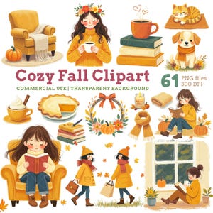 Cozy Fall Clipart Bundle: Autumn Girls, Pets, Coffee, Warm Autumn, PNG Digital Download, Commercial Use