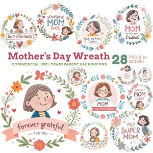 Ensemble de clipart belle couronne de fête des mères, cadres floraux mignons avec des citations de maman, badge aquarelle fête des mères pour cadeaux et cartes, couronne PNG
