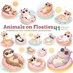 Könnte beinhalten: Aquarellillustrationen verschiedener Tiere, darunter ein Affe, eine Kuh, ein Hamster, ein Hund, eine Giraffe, eine Katze, ein Corgi, ein Koala, ein Einhorn, ein Faultier, ein Tiger, ein Schwein und ein Nilpferd, die Sonnenbrillen tragen und auf Donut-förmigen Schwimmreifen entspannen. Der Text "Animals on Floaties" wird angezeigt.
