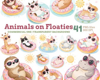 Sommer Tiere Clipart: Pool Floaties, Strand Urlaub Illustrationen (PNG Dateien, kommerzielle Nutzung)