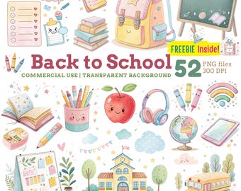 Watercolor Back to School Clipart: Pastel School Supplies, Classroom Decor PNG, Digital Download-Commercial Use