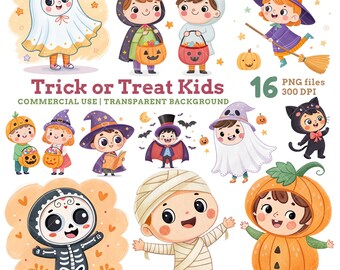 Kawaii Halloween Kids Clipart, Costume PNGs, Scrapbooking (Digital Download)
