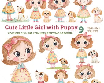 Imágenes prediseñadas de niña y cachorro en acuarela: ilustraciones infantiles originales (PNG, 300 ppp, uso comercial)