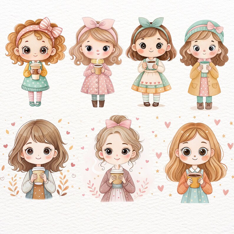 Little Coffee Girl Clipart Set Cozy Chibi Girl Illustrations for Journals Stickers Planners & Seasonal Craft Projects Kawaii Girl Cute Girl, coffee girl clipart, cozy chibi png, planner girl art, cute girl holding cup, kawaii coffee art, fall coffee clipart, pastel girl png, little girl coffee, hot drink clipart, warm drink art, chibi coffee girl, latte lover art, cozy aesthetic art