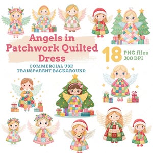 Puede incluir: Ilustraciones en acuarela de ángeles con vestidos acolchados de patchwork. La imagen incluye 18 archivos PNG con fondo transparente. Los ángeles tienen alas y están decorados con flores, árboles de Navidad y gorros de Papá Noel.