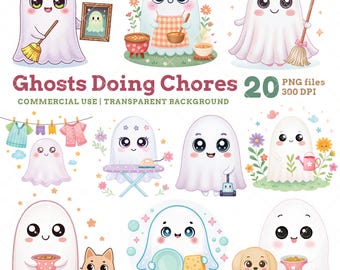 Ghosts Doing Chores Clipart, Kawaii Spooky Halloween Ghosts PNG, Commercial Use, Digital Download